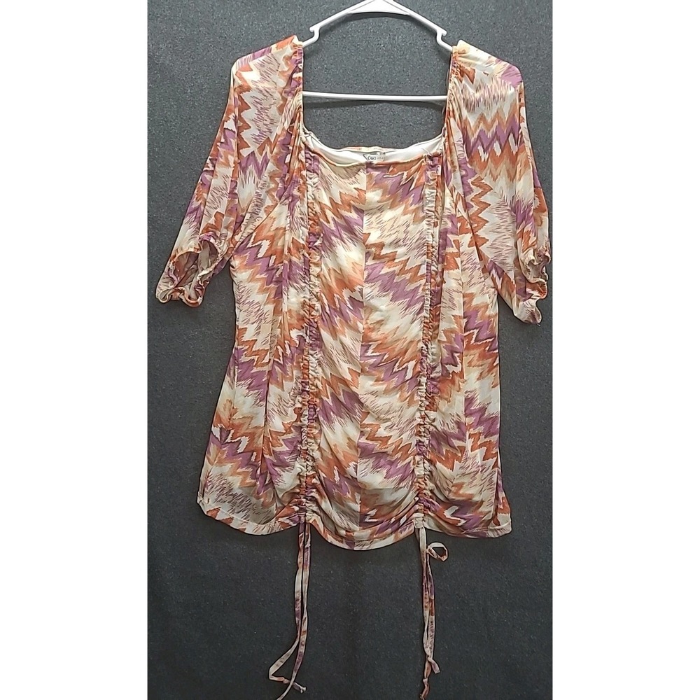 Cato 2X Womens Drawstring Ruched Front Geometric Puffed Sleeve Tunic Casual